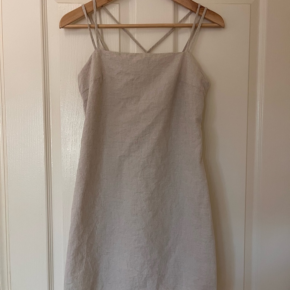 H&M Beige Linen Blend Cross Back Mini Dress - Size Small